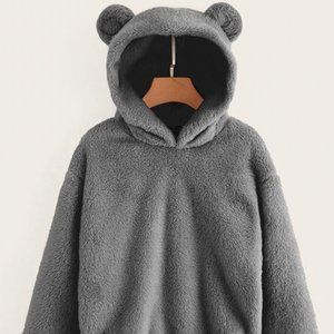 Gray Fluffy hoodie with cute bear ears.